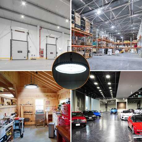 Collage of warehouse and garage interior with a focus on LED lights.