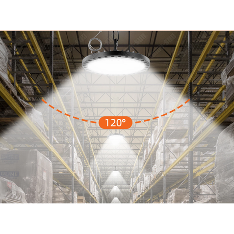 LED industrial light bulb in a warehouse setting with a 120-degree coverage area indicated.
